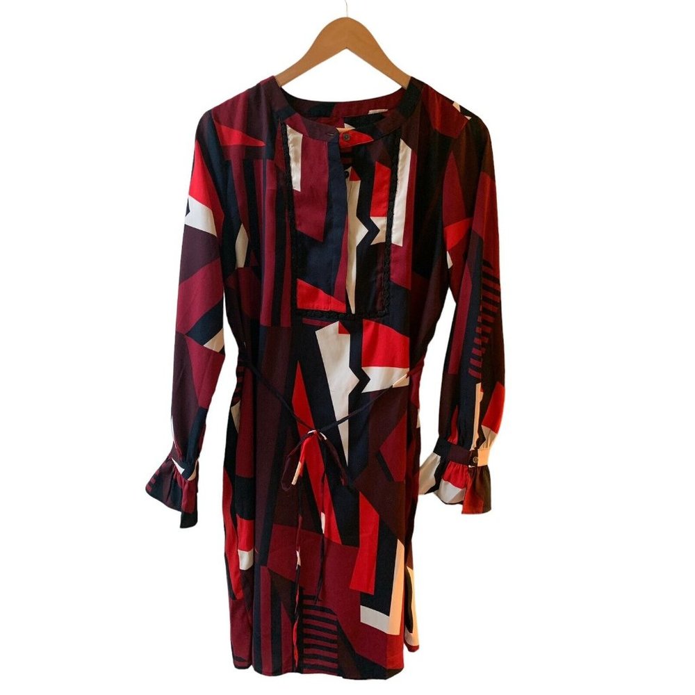 Loft Womens Red Black Long Sleeve Tulip Sleeve Business Shift Tie Waist Dress M